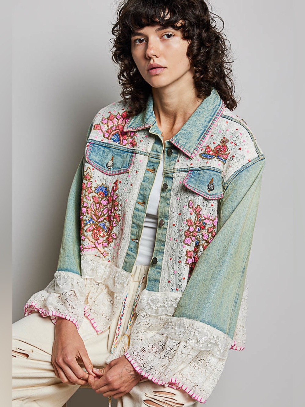 P11. POL Embroidered Mint Denim Jacket with Pink & Cream Lace